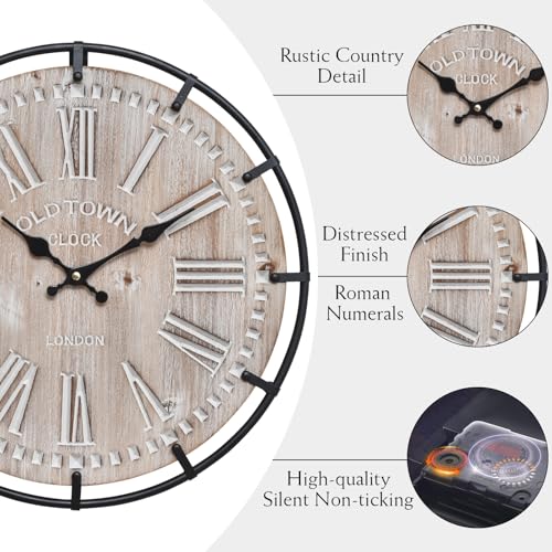 12 Inch Farmhouse Wall Clock Rustic Antique Wood with Metal Circle and Large Engraved Numerals