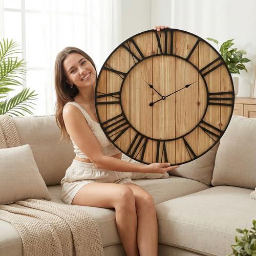 Large Farmhouse Wall Clock 30 Inch Vintage Brown Wooden Wall Clock with Quiet Ticking and Minimalist Roman Numerals for Bedroom Living Room Office Kitchen Home Decor