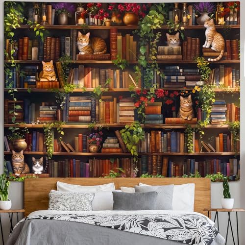 Plant Cat Bookshelf Tapestry Botanical Floral Flower Cats Book Tapestries Wall Hanging Vintage Library Extra Large Tapestry for Bedroom Living Room Dorm 90 x 68 inch