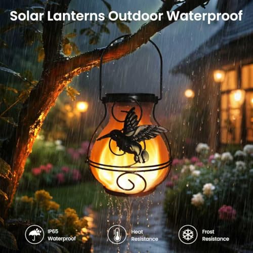 4 Pack Solar Lanterns Outdoor Waterproof Flickering Flame Lights Hummingbird Metal Hanging Solar Lantern Patio Porch Garden Decoration (4 Count)