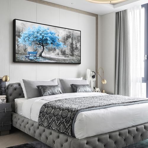 Black Framed Canvas Wall Art For Living Room Wall Decor For Bedroom Office Wall Decoration Blue Tree Landscape Painting Black And White Picture Artwork Room Aesthetic Home Decor 20x40 In
