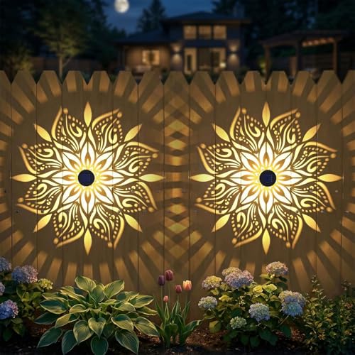 2 Pack Solar Fence Lights Metal Solar Powered Outdoor Wall Deck Step Lights Mandala Theme Waterproof Fence Light for Garden Post Patio Backyard Yard Decor (2 Count)