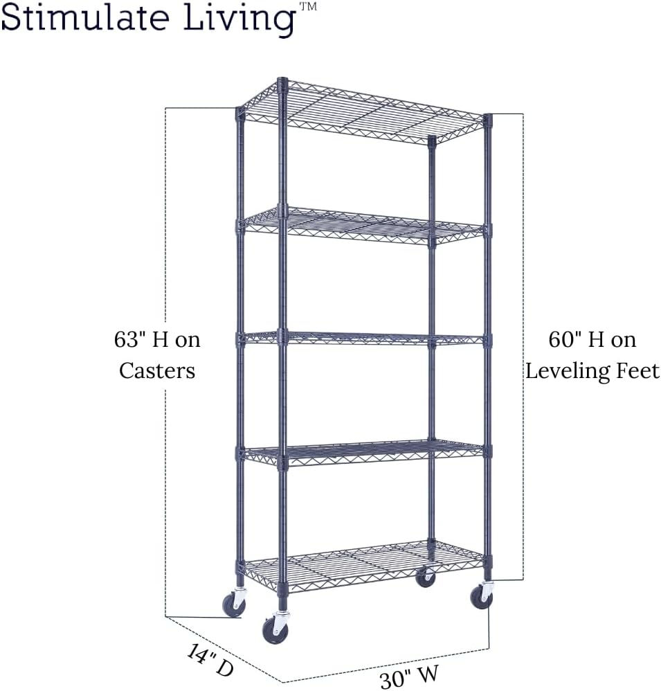 30"x14"x60" PRIME HEAVY DUTY Black 5-Tier Wire Shelving 1,750 LBS MAX Capacity Storage Rack for Commercial, School, Home, Garage, Warehouse, Industrial, and Hospital Uses (with Wheels) - NestledHome