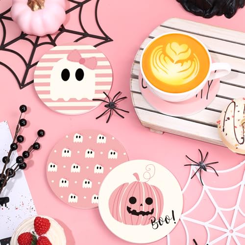 4Pcs Halloween Ceramic Coasters Pink Ghost Pumpkin Drink Coasters Absorbent Cup Mat for Mug Cup Home Kitchen Party Table Decor (4 Count)