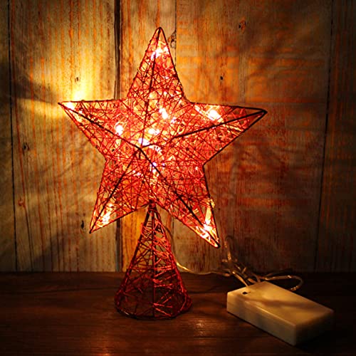 Red Tree Top Star with Warm White LED Lights and Timer for Christmas Ornaments and Holiday Seasonal Décor