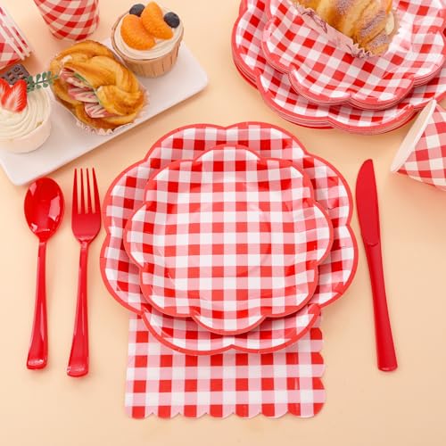 175 Pcs Red Gingham Plates and Napkins Party Supplies