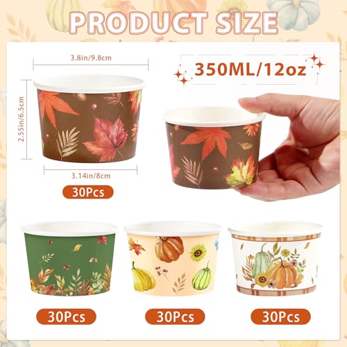 120Pcs Fall Ice Cream Cups 12 oz Disposable Autumn Pumpkin Maple Leaves Paper Dessert Snack Soup Bowls Fall Green Orange Yogurt Cup Container for Hot or Cold Food Thanksgiving Harvest Party Supplies (120 Count)