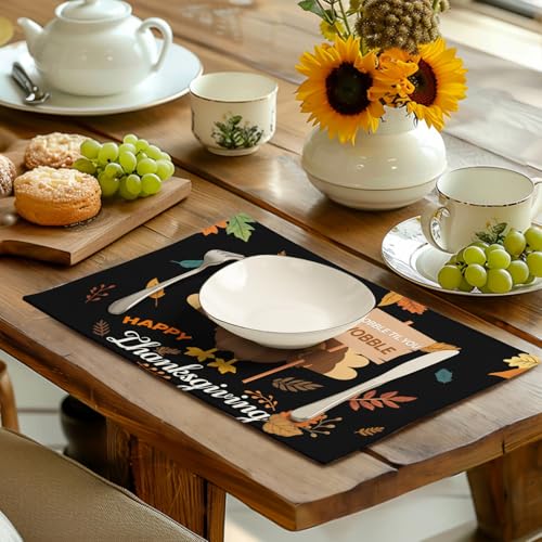 Happy Thanksgiving Placemats Set of 4 Gobble Turkey Leaves Thanksgiving Linen Table Mat 12x18 Inch Seasonal Fall Washable Heat Resistant Non (4 Count)