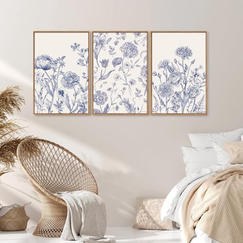 Large Classic Chinoiserie Flower Framed Canvas Wall Art Set (3 Count)