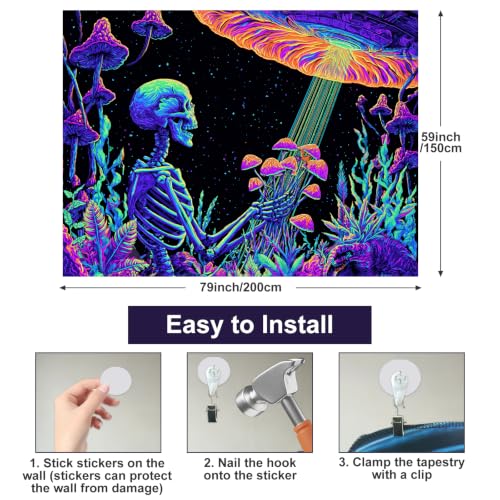 Blacklight Tapestry Skeleton UFO Glow Backdrop 78 x 59 Inch