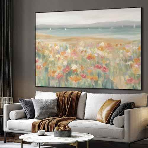 60"x72" Extra Large Framed Wall Art Coastal Flower Field with Sailing Boats Serene Landscape Illustration for Home Living Room Bedroom Decor