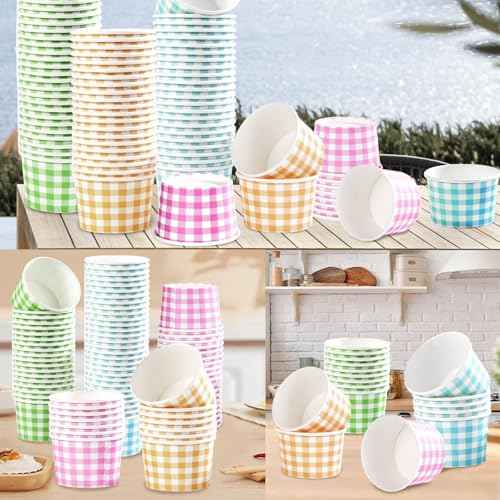 Greencian 120Pcs 12oz Gingham Ice Cream Cups for Hot or Cold Food Birthday
