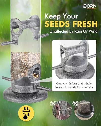 Metal Bird Feeder Hanging Wild Bird Seed Feeder for Mix Seed Blends Heavy Duty All Metal Silver Finish