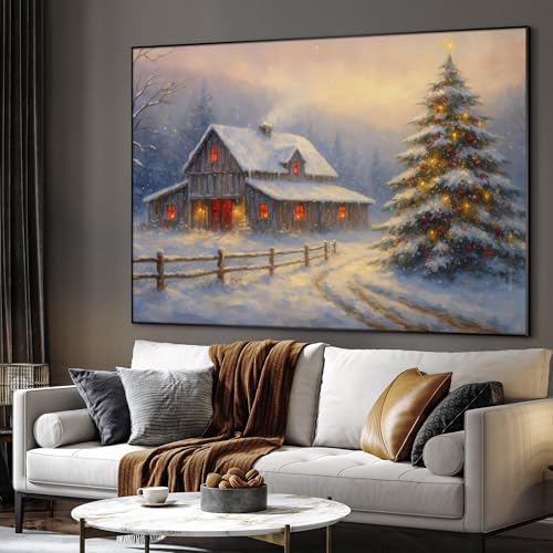 60"x72" Extra Large Framed Wall Art Rustic Winter Cabin with Christmas Tree and Snowy Landscape for Home Living Room Bedroom Decor