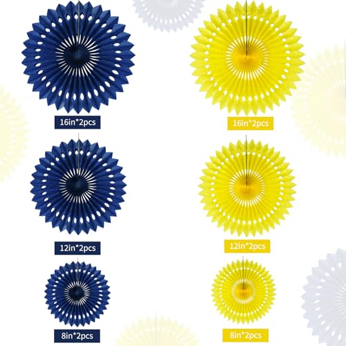 Honeycomb Round Paper Fans Blue Yellow Hanging Party Decoration (12 Count)