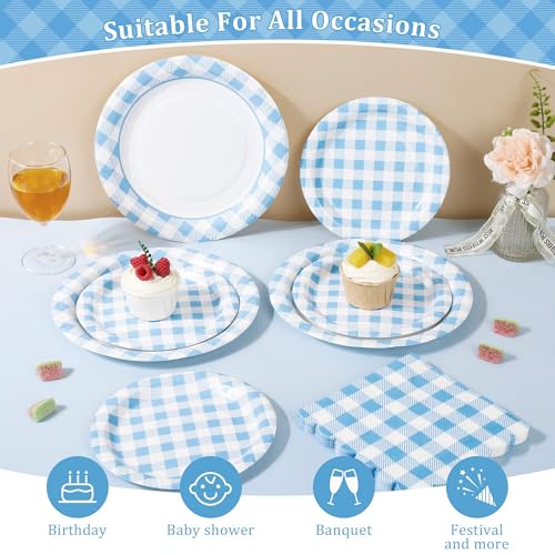 150 Pcs Light Blue Gingham Paper Plates and Napkins (150 Count)