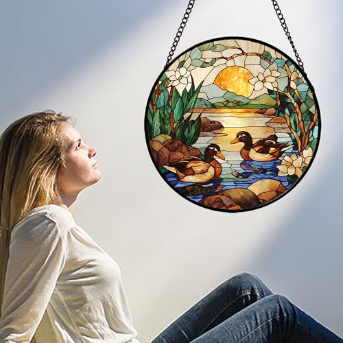 Stained Glass Window Hanging Duck Pond Suncatcher Gifts for Women 15"