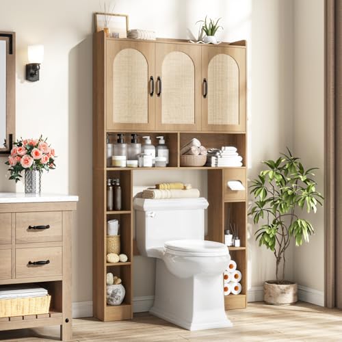 Over The Toilet Storage Cabinet with 3 Rattan Barn Doors