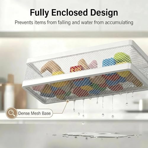 5-in-1 16.5" Extra Long Slim Wall Mount Wrapped Mesh Kitchen Organizer & Shower Caddy Kit, with Paper Towel Holder, Utensil Holder, Soap Dish, Holds 50LBS - White, Netting