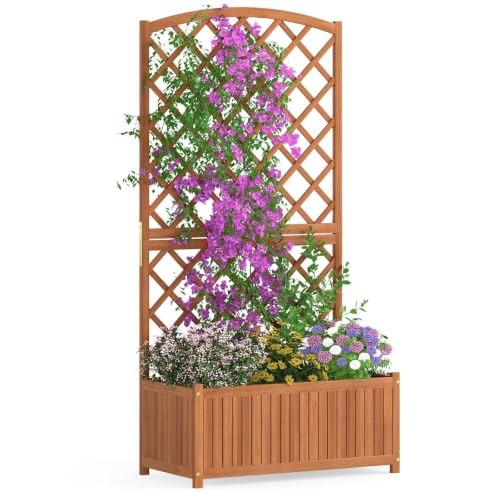 63" Wooden Raised Garden Bed with Trellis & Slat Bottom Base