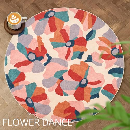 5ft Floral Round Rug Washable Living Room Rug Colorful Cute Bloom (19.63 Sq Ft)