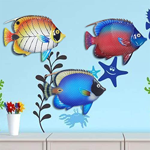 Metal Fish Sea Wall Decor Outdoor Garden Hanging Art Sculptures Home Ocean Theme Decorations for Kitchen Bathroom and Pool (3 Count)
