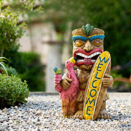 Solar Tiki Garden Statue Outdoor Decor with Flamingo Waterproof Welcome Sign for Tiki Bar