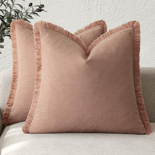 Decorative Linen Fringe Throw Pillow Covers 18×18 Coral Pink (2 Count)