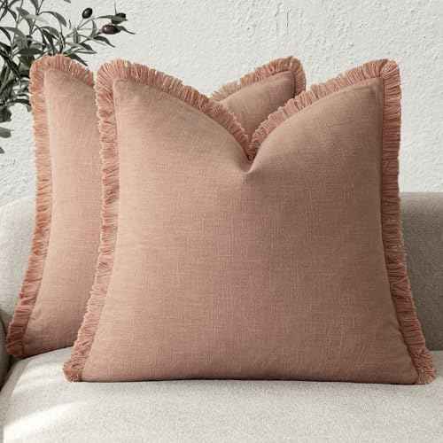 Decorative Linen Fringe Throw Pillow Covers 24×24 Coral Pink (2 Count)
