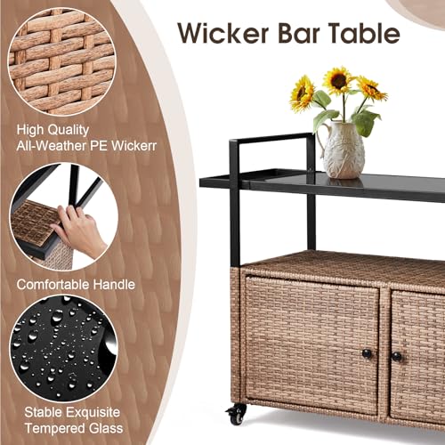 Wicker Outdoor Bar Cart with Storage and Wheels
