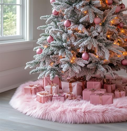 48 Inch Faux Fur Christmas Tree Skirt Pink Plush Skirt for Merry Christmas Party Christmas Tree Decoration