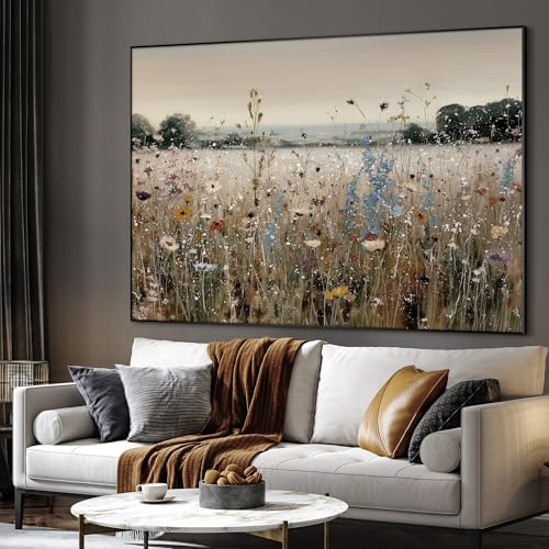 60"x72" Extra Large Framed Wall Art Wildflower Meadow Landscape Soft Pastel Field Illustration for Home Living Room Bedroom Decor