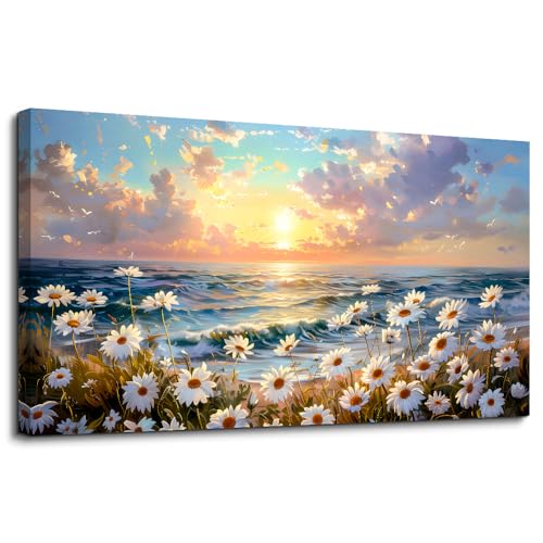 Large Wall Decor Canvas Painting Wall Art For Living Room Dining Room Bedroom Landscape Decor White Flowers Beach with waves Painting Print Artwork Picture Home Decor Aesthetics 24x48 In