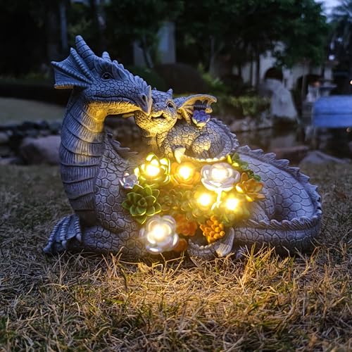 Dragon Solar Garden Statues Outdoor Decoration with Succulent and 6 LED Lights