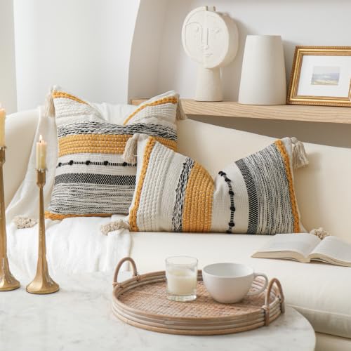 Decorative Lumbar Throw Pillow Cover 12x20 Boho Yellow Mustard Accent Cushion for Couch Sofa Farmhouse Pillowcase for Bedroom Living Room Home Décor Cover ONLY
