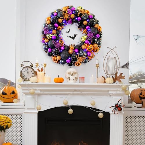 17 Inch Halloween Ball Wreath for Front Door with Lights