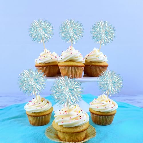 30Pcs Foil Firework Cupcake Toppers Party Birthday Cake Toppers Supplies Sparkle Tinsel Cocktail Fruit Toothpick for Birthday Wedding Graduation Party Blue (30 Count)
