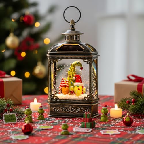 Christmas Snow Globe Lantern Water Glittering Gnomes Scandinavian Santa Elf with Whimsical Christmas Tree