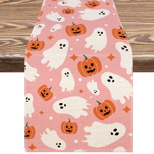 Pink Halloween Table Runner Cute Ghost Table Cover Spooky Halloween Kitchen Dining Decoration for Indoor Outdoor Home Party Supplies