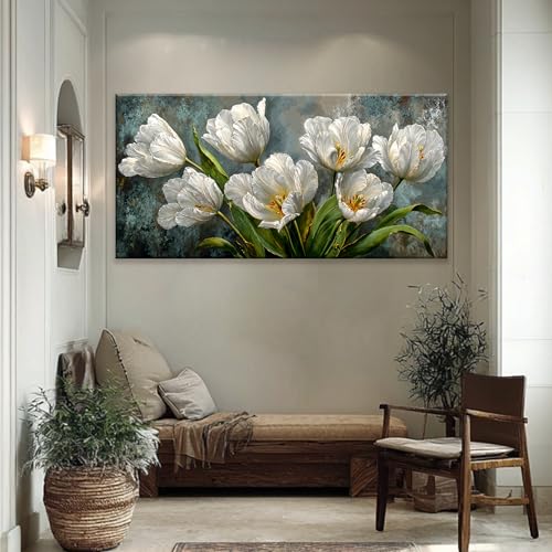 Oversized Canvas Wall Art Decor White Tulip Flower Canvas Art Wall Decor For Living Room Modern Floral Botanical Wall Art Prints Elegant Nature Flower Wall Art For Bedroom Home Office Decor 29"×58"