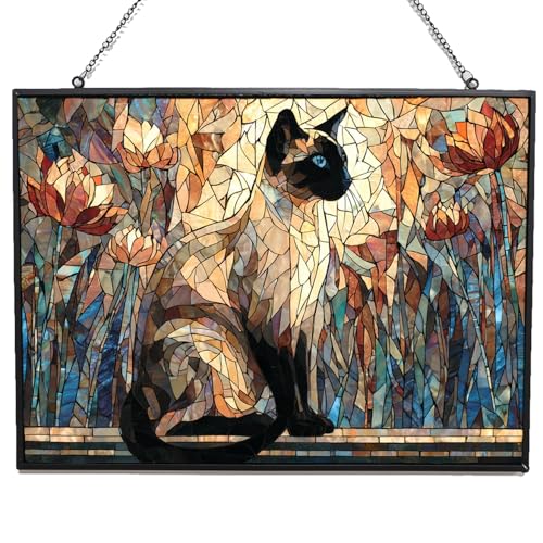 Customized Rectangle Mosaic Siamese Cat On Windowsill Stained Glass Window Hanging Sun Catcher Halloween Haning Ornament Decoration Christmas Birthday Gifts for Lover