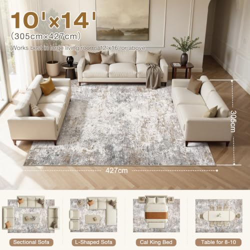 10x14 Area Rug Living Room Rugs Washable Neutral Brown Grey Carpet (24 Count)