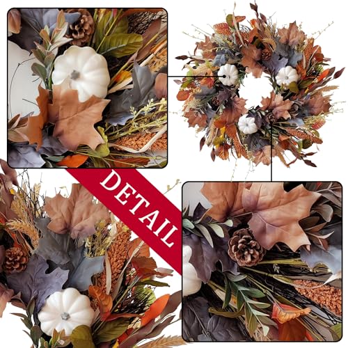 24 Inch Fall Wreath for Front Door with White Pumpkins