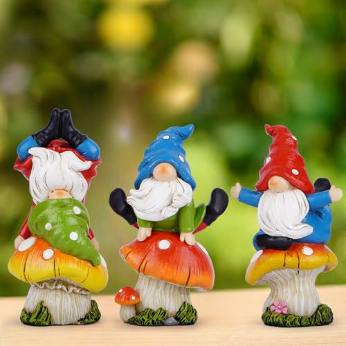 3 PCS Spring Yoga Mushroom Gnomes Decoration Summer Elf Figurines Gifts for Home Spring Lively Garden Statues Decor for Outdoor (3 Count)