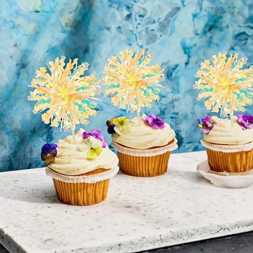 30Pcs Foil Firework Cupcake Toppers Sparkle Tinsel Drink Birthday Cake Decorations Cocktail Food Fruit Toothpick for New Years Wedding Birthday Party Decorations Yellow (30 Count)
