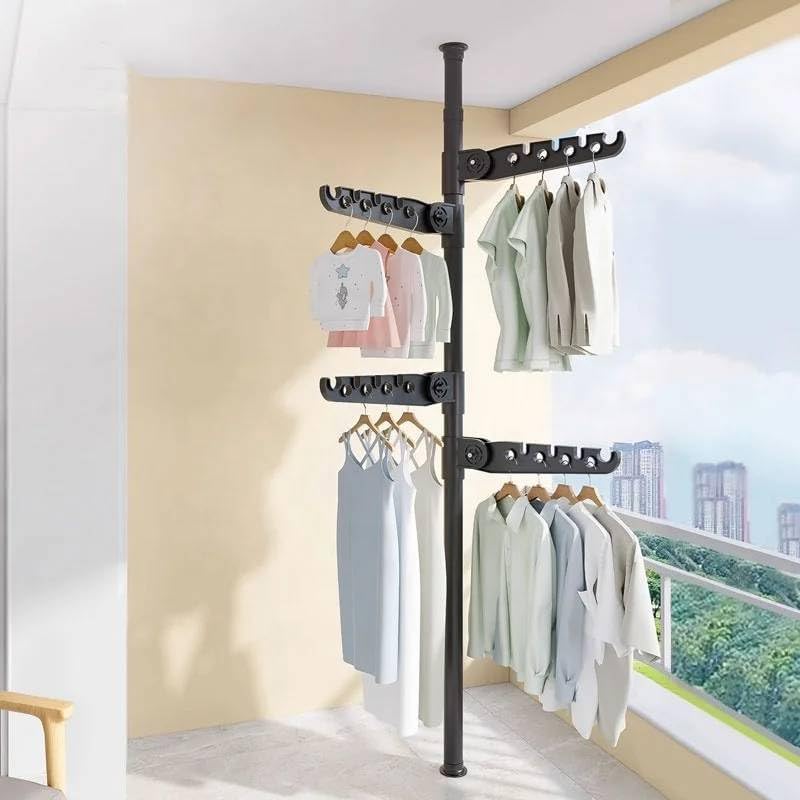 Telescopic Clothes Drying Rack, Floor to Ceiling, 4 Adjustable Arms, 360° Rotating, 43-122 inches, Black - NestledHome