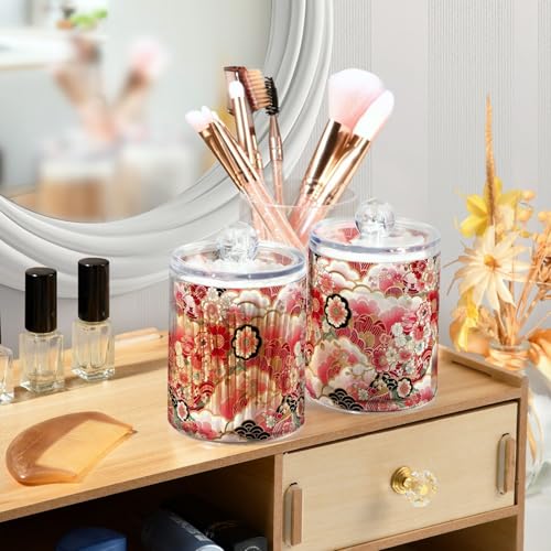 2 Pack Qtip Holder Organizer Dispenser Japanese Flowers Pattern Bathroom Storage Canister Cotton Ball Holder Container for Cotton Pads (2 Count)