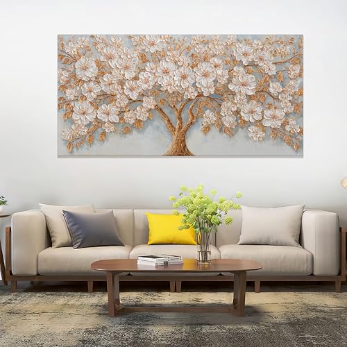 Oversized Canvas Wall Art Decor Gold Tree of Life Canvas Art Wall Decor For Living Room Modern Botanical Decor Nature White Floral Tree Wall Art Artwork For Bedroom Home Office Wall Decor 29×58 Inch