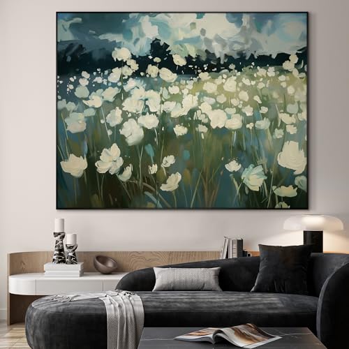 60"x72" Extra Large Framed Wall Art White Wildflower Field in Impressionist Style