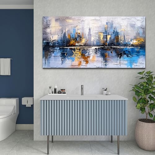 Abstract City Oil Painting Large Home Decor Mural Living Room Bedroom Modern Printed Canvas Wall Art Yellow Blue Graffiti Mural Office Corridor Can Be Directly Hung Wall Decor 24 X 48 In
